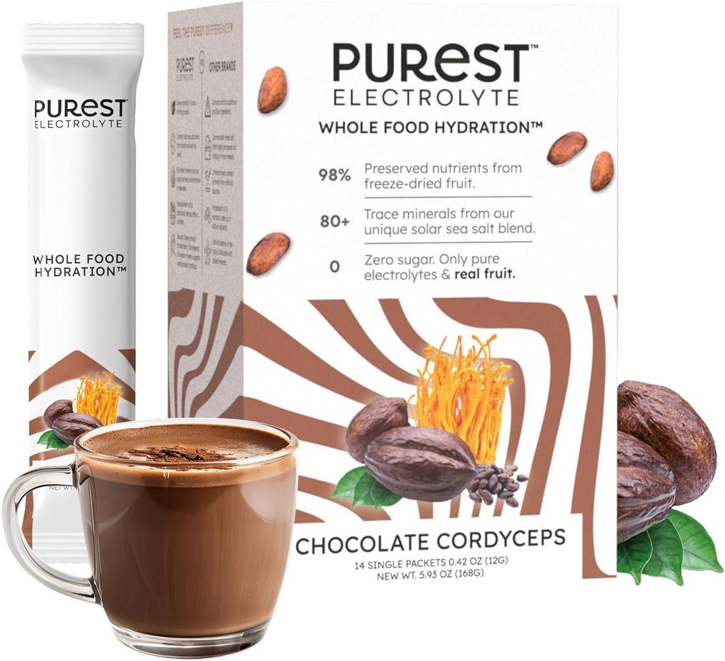 Vide Brainer Purest Electrolyte Chocolate Cordyceps Powder Pacets - Whole Food Hydration - Gæret Cacao og Solar Sea Salte til Ultimate Electrolyte Balance