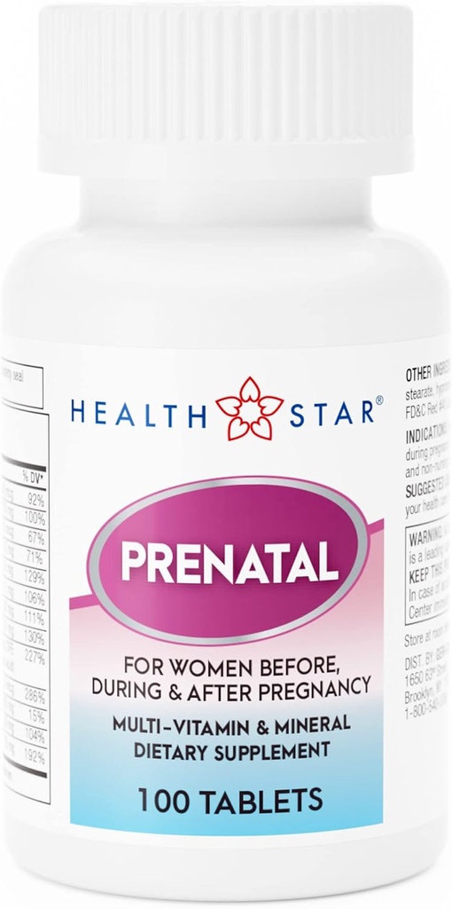 GeriCare Prenatal Multivitamin af HealthStar for sund mor og baby - Folate + C-vitamin + D-vitamin + Iron + Calcium + B12- 100 Tabletter
