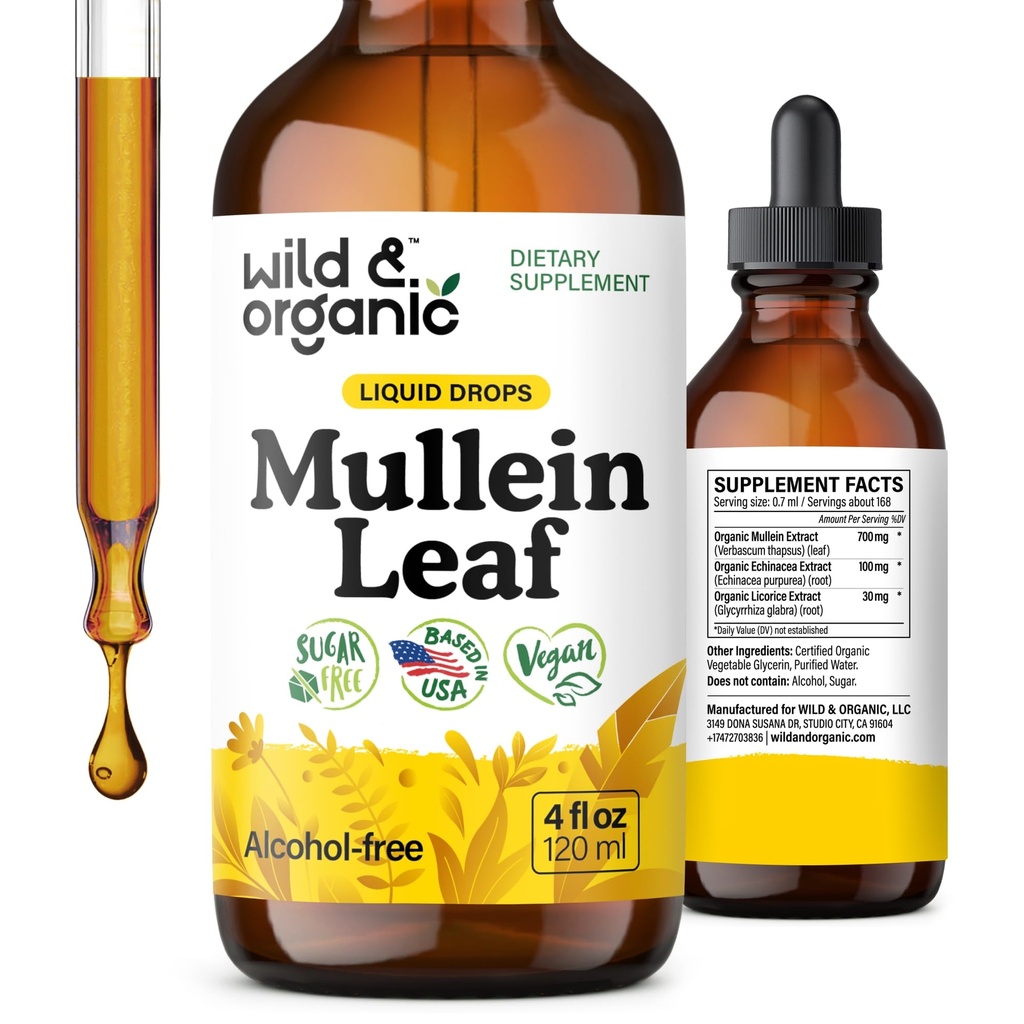 Wild & Organic Mullein Tincture - Lung Cleanse and Detox - Flydende Mullein Leaf Extract til Lunger med Echinacea - Verbascum Thapsus Drops - Vegan, Sugar & Alcohol- Free Supplement - 4 fl oz