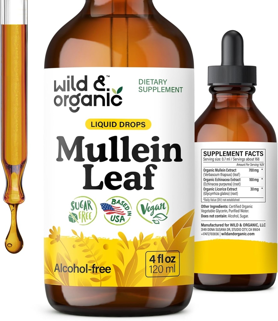 Wild & Organic Mullein Tincture - Lung Cleanse and Detox - Flydende Mullein Leaf Extract til Lunger med Echinacea - Verbascum Thapsus Drops - Vegan, Sugar & Alcohol- Free Supplement - 4 fl oz