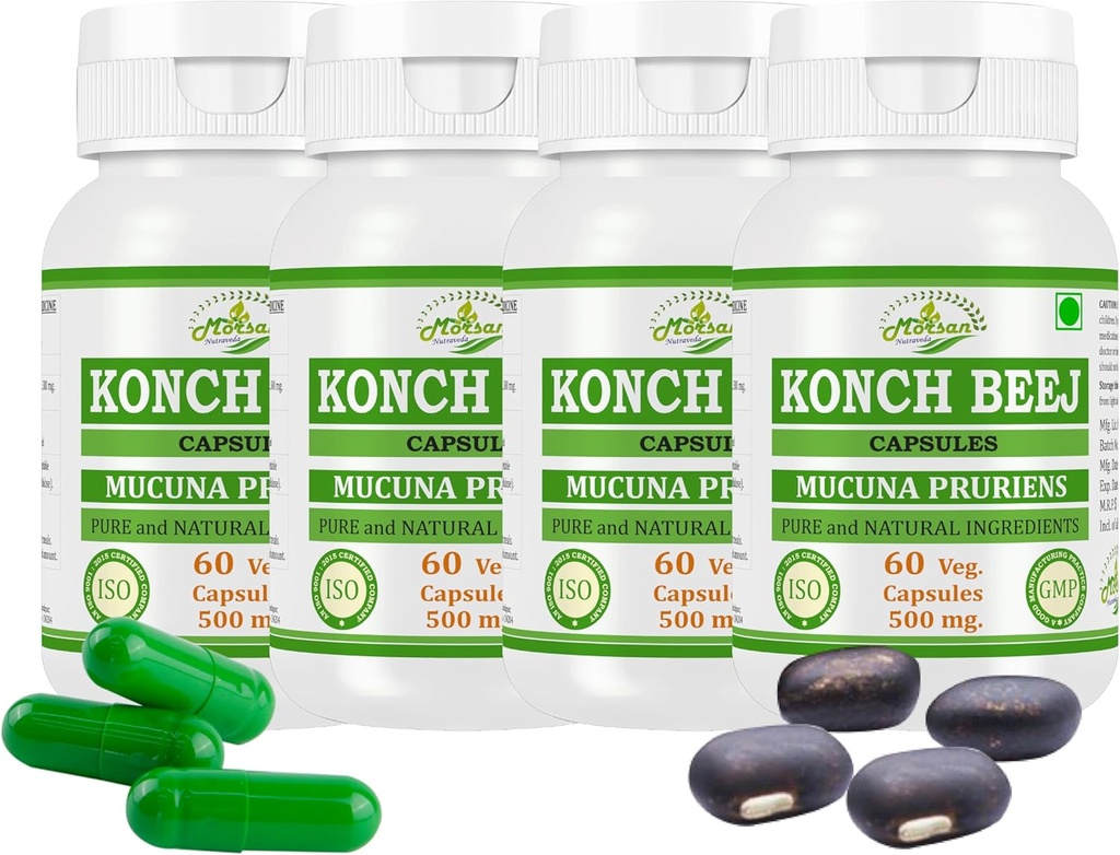 Naturlige og Pure Herbal MUCUNA PRURIENS (Konch Beej, Kaunch Beej) Uddrag Kapsler 124; Højeste Potency, 100% Herbal Produkt Buddy 124; Pack af 60 X 500 mg. Veg. Kapsler (Pack af 4 Jar)