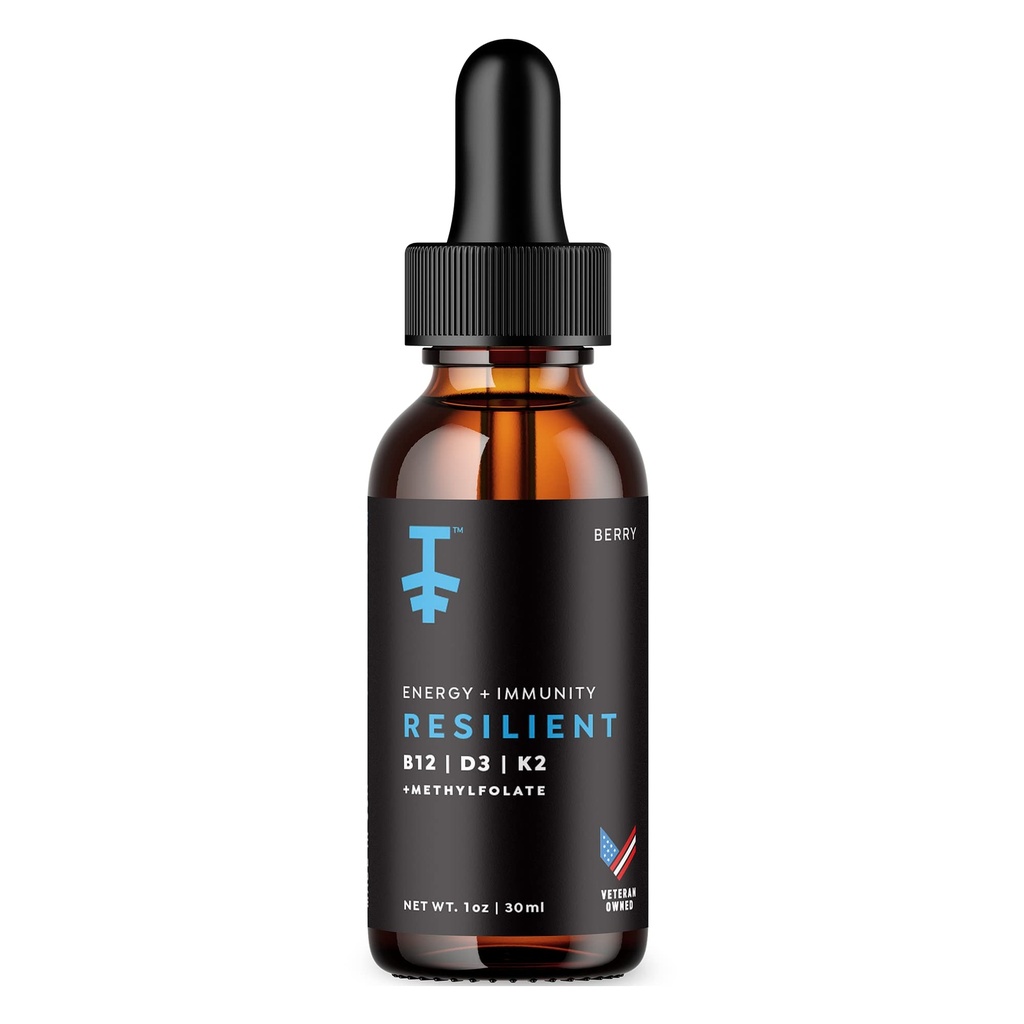 PROTEKT Resilient Vitamin D3 K2 B12 Drops - Flydende B12 K2 D3 Vitamin supplement med Methylfolat, Flydende Drops til energi & Inddrivelse, Methy Folate til søvn & Mood - Natural Berry 30ml