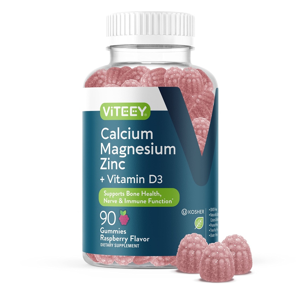 Viteey Calcium Magnesium Zink Gummier med vitamin D3 - Understøtter Bone Sundhed, Nerve & immunfunktion - Calcium Magnesium Zink D3 for voksne & Teens - GMO fri - Chewable Raspberry Flavored Gummy