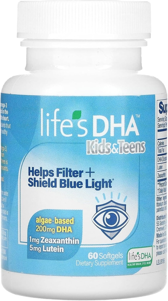Livets DHA Kids & Teens med Lutein - Hjælper Filter & Shield Blue Light - Dagligt supplement til støtte øje sundhed og hjerne sundhed - Non- GMO - 60 Softgels, Multi