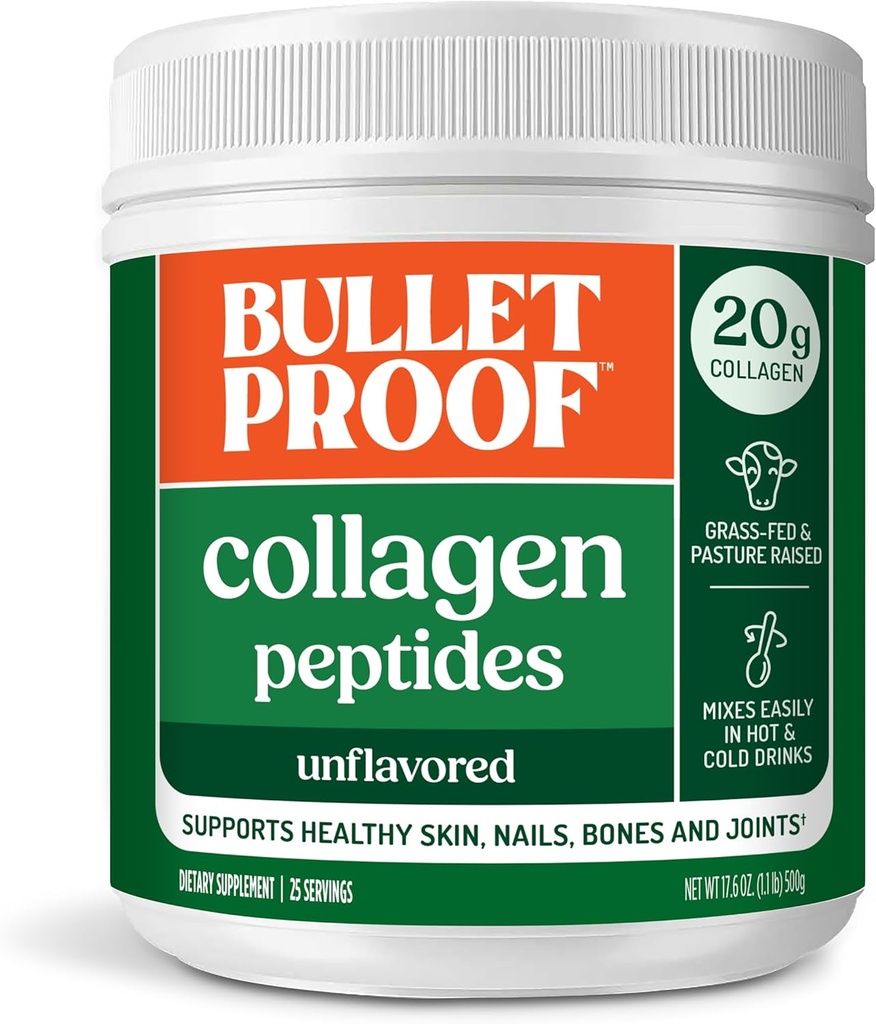 Bulletproof Unflavored Collagen Peptider Powder, 17.6 Ounces, Grass- Fed Collagen Protein og Aminosyrer til hud, ben og joints