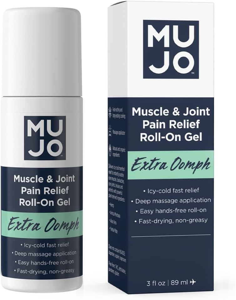 MUJO Extra Oomph - Quick Pain Relief Roll - On Gel + Organic Menthol + ICY Muscle Relief + Fast- Actioning Menthol + Aloe + Arnica - for fælles og tilbage Aches - 3 fl oz
