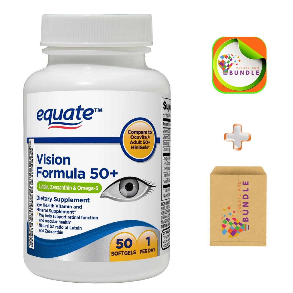 Equate Vision Formula 50 + Soft Gels Dietary Supplement - 50 Count + CreativeAndBundle Sticker
