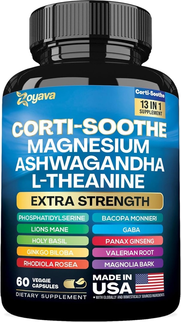 Zoyava Corti- Soothe Cortisol Supplement Magnesium Glycinate 200mg L- Theanine 150mg Ashwagandha 150mg Phosphatidylserine Cortisol Manager Lions Mane Ginkgo Biloba Bacopa Monnieri Valerian Root 60 Caps