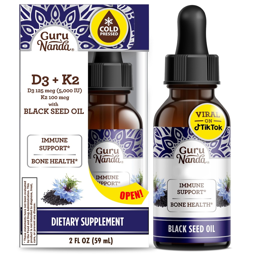 GuruNanda Black Seed Oil, Cold- Pressed Nigella Sativa - Rich in Vitamin D3 5000 Enheder, K2 & E, High Thymoquinone Budd124; Potent antioxidant til immunforsvar, non-GMO, 2 Fl.oz