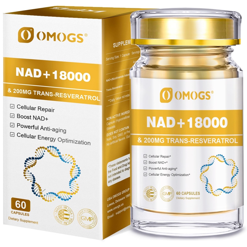 OMOGS NAD + 300 mg + Trans- Resveratrol 200 mg, Pure NAD supplement, Max Absorption, Boosting supplement til DNA reparation, sund aldring, cellulær energi og lang levetid, 60 kapsler