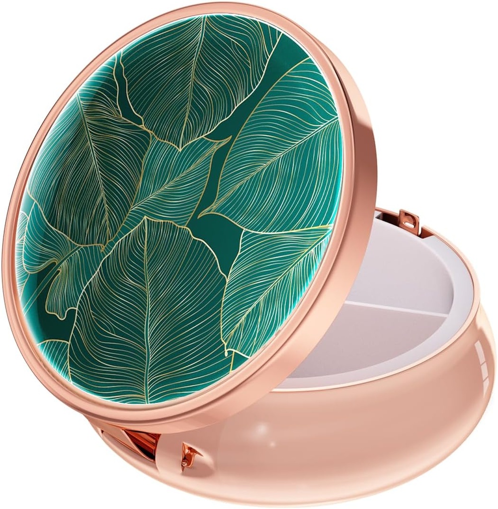 Rouidr Pill Box, 3 Compartment Medicine Pill Case, Small Metal Travel Medicine Box for Purse & Pocket, Rose Gold, Tropical Leaf