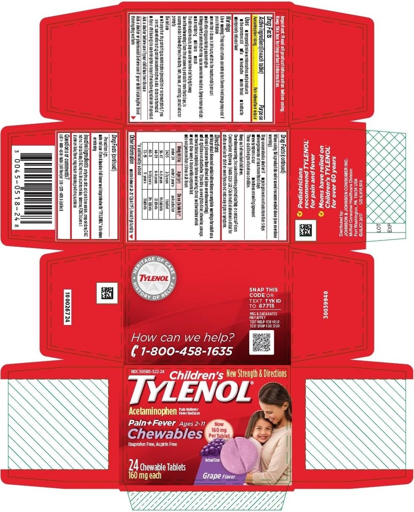 Tylenol Børnesmerter + febertyggetabletter Grape Flavor - 24 ct, pakning med 4 stk.