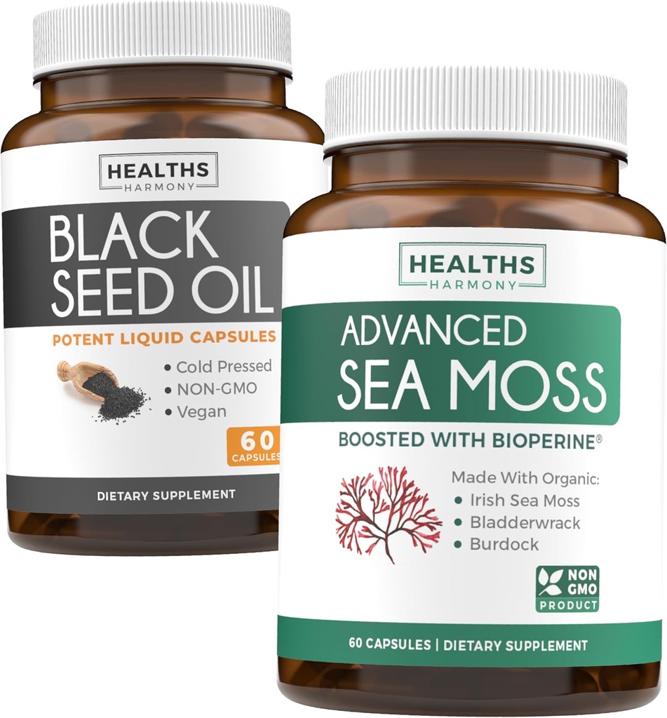 Black Seed Oil & Irish Sea Moss (1 - Måned Supply) - Wellness Duo Bundle of Black Seed Oil (60 kapsler) Cold- Pressed Nigella Sativa & Irish Sea Moss (60 kapsler) med Bioperine og Bladerwrack