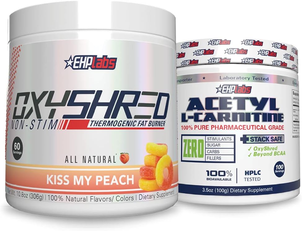 EHP Labs Non- Stim + Acetyl Bundle - OxyShred Thermogen Pre Workout Powder & Shredding Supplement - Acetyl L- Carnitin - Understøtter naturlig energiproduktion, aids Metabolisme, og sund hjerne funktion