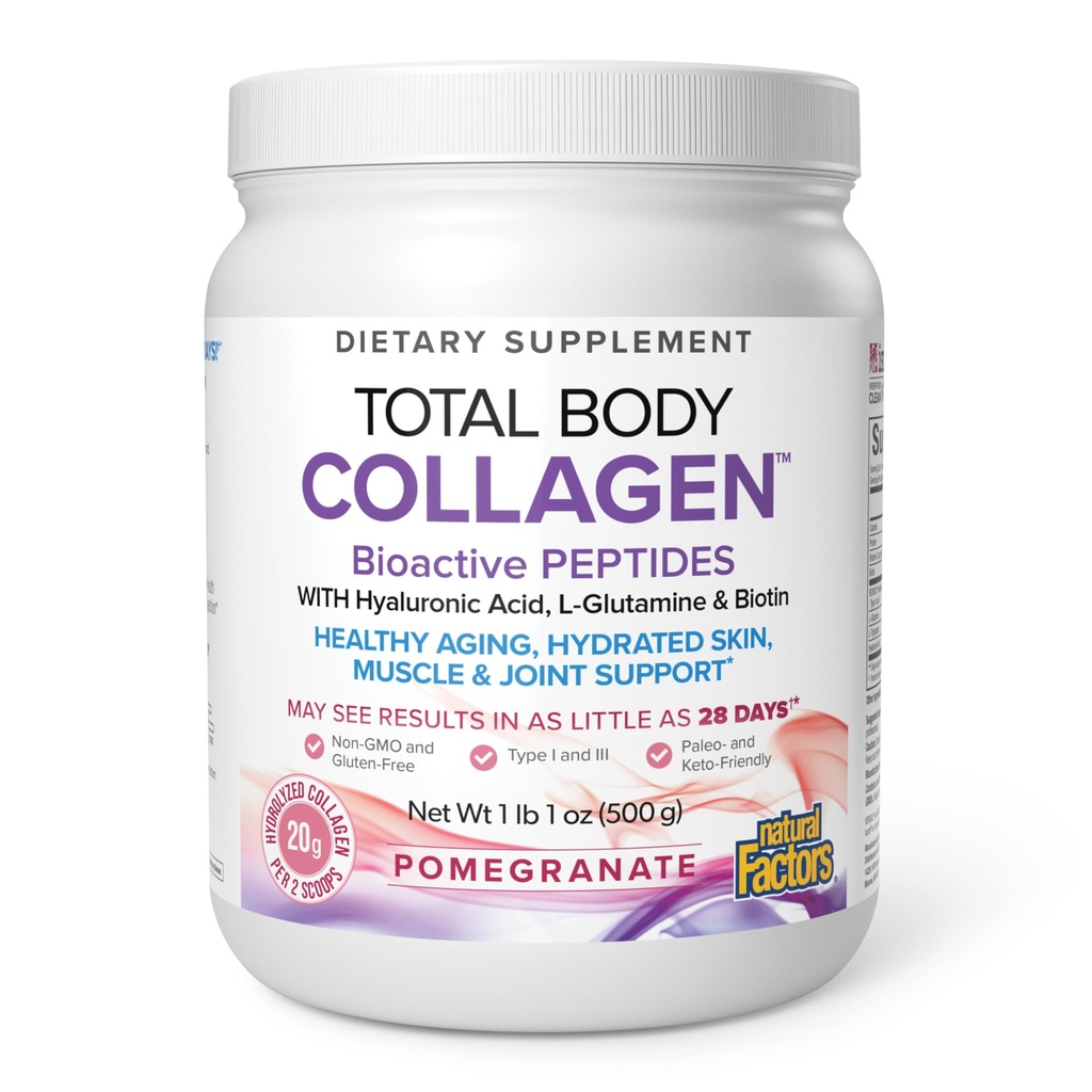 Natural Factors Total Body Collagen - Bioactive Collagen Supplement for Hair & Nail Growth Support - Healthy Skin Supplement with Protein, Vitamin C & More - Pomegranate, 500 g (38 Servings)
