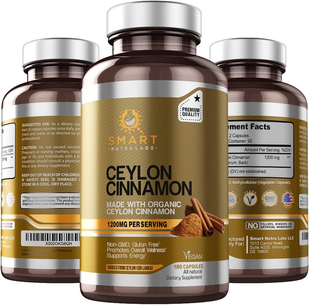 Smart Nutra Labs Organic Ceylon Cinnamon Supplement 1200mg per servering, 180 Vegankapsler, 100% Pure, True Ceylon Cinnamon