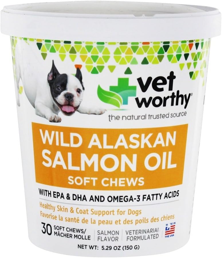 Vet Worthy Salmon Oil Skin and Coat Soft Chews for Dogs - Dog Supplement to Support Healthy Skin and Beautiful Coat - Fish Oil Supplement with Omega 3 Fatty Acids - Salmon Flavor - 30 Soft Chews