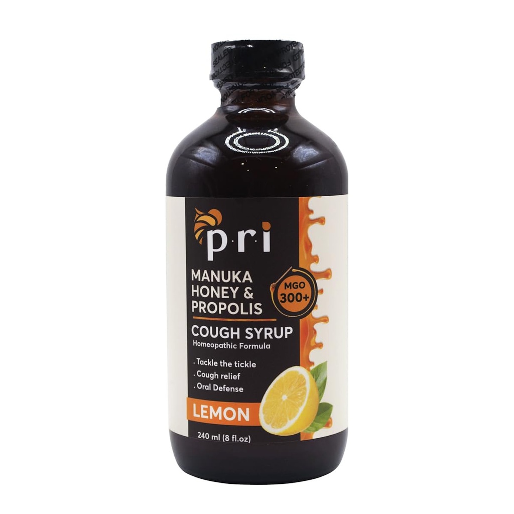 P.R.I Natural Dry Hough Syrup med Manuka Honey, Propolis, Tea Tree Oil og C-vitamin - Sore Throat & immunforsvar, Lemon Flavor, 8oz