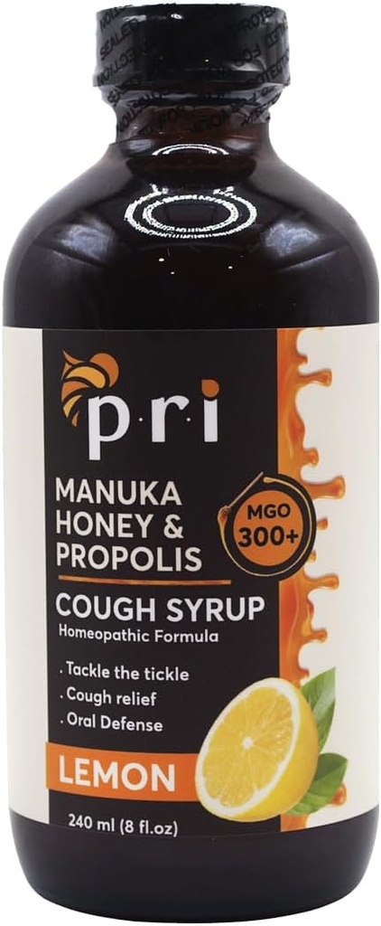 P.R.I Natural Dry Hough Syrup med Manuka Honey, Propolis, Tea Tree Oil og C-vitamin - Sore Throat & immunforsvar, Lemon Flavor, 8oz