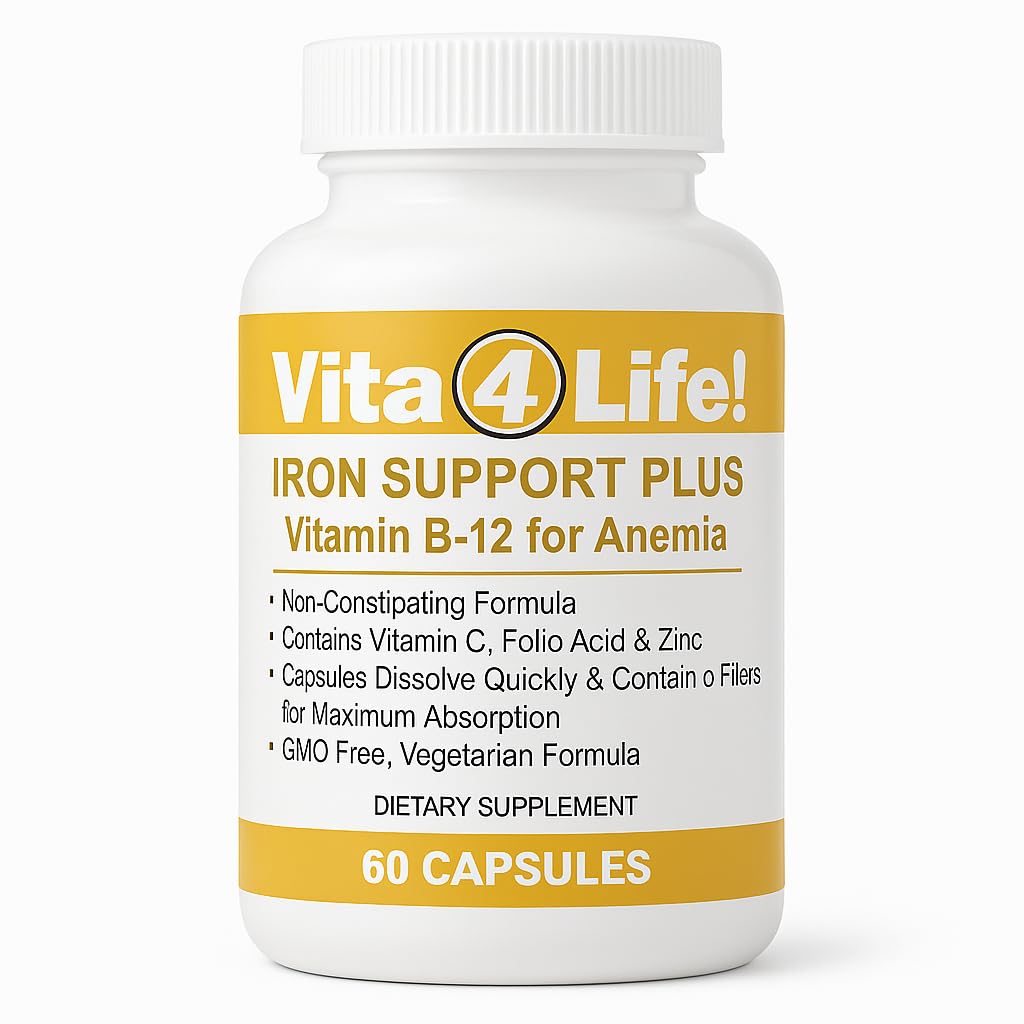Vita4Life ® Iron Support Plus - 40 mg jern med C-vitamin, B-12, folsyre & zink - 60 kapsler - non-Constipating Formel for Red Blood Cell Support & Energy - Vegetar & GMO- Free
