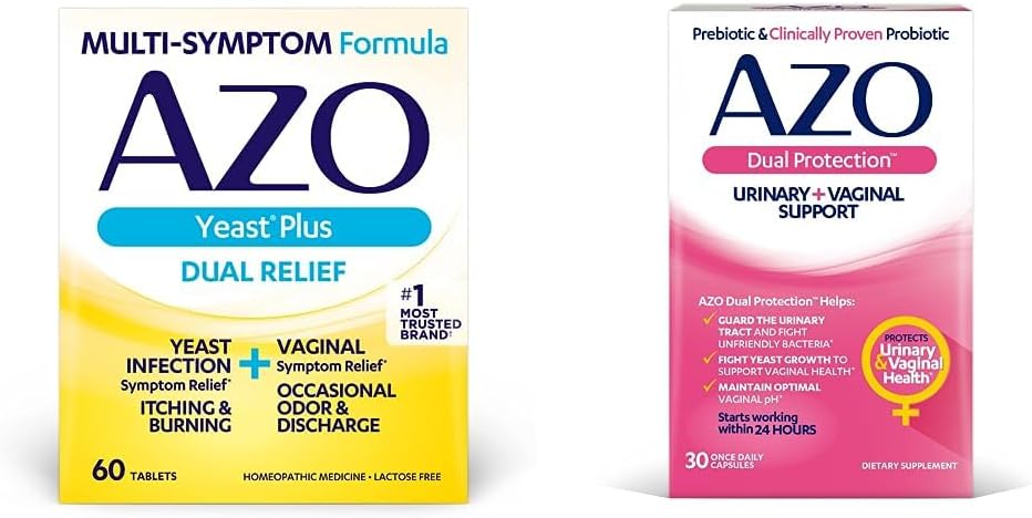 AZO Gær Plus Dual Relief 60 Tablets, Gær Infektion & Vaginal Symptom Relief + Dual Protection, Urinary + Vaginal Support *, Prebiotic Plus Clinically Proven Women 's Probiotic 30 Count