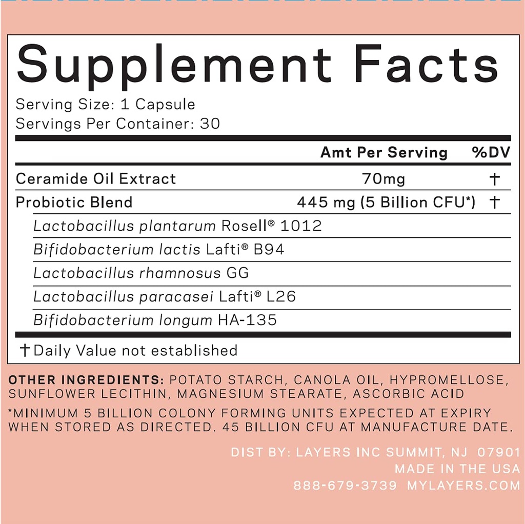 Layers Daily Glow Probiotic Supplements | Clinically Effective, Increased Elasticity, Luminous Skin | Vegan & Non-GMO & Gluten Free | 30ct