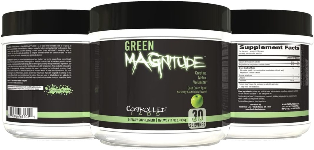 CONTROLLED LABS Green Magnity Supplement, Synergistisk Creatin Formel Powder, fremmer Styrke, Stamina, og ydeevne, (Sour Green Apple, 30 Servere)