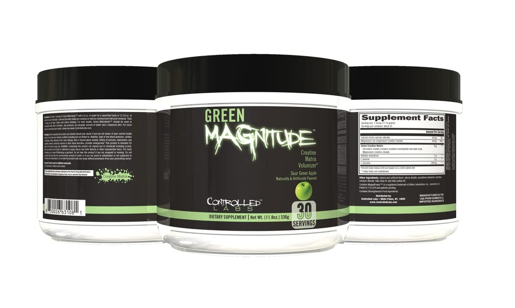 CONTROLLED LABS Green Magnity Supplement, Synergistisk Creatin Formel Powder, fremmer Styrke, Stamina, og ydeevne, (Sour Green Apple, 30 Servere)