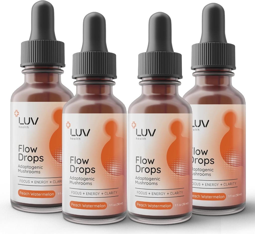 LUV health Flow Drops ® - Energitillæg til fokus, mental Clarity & Immunsupport - Adaptogene svampe med Lions Mane, Cordyceps, Reishi, Chaga & Turkey Tail - Vegan, Lavet i USA 4-Pack