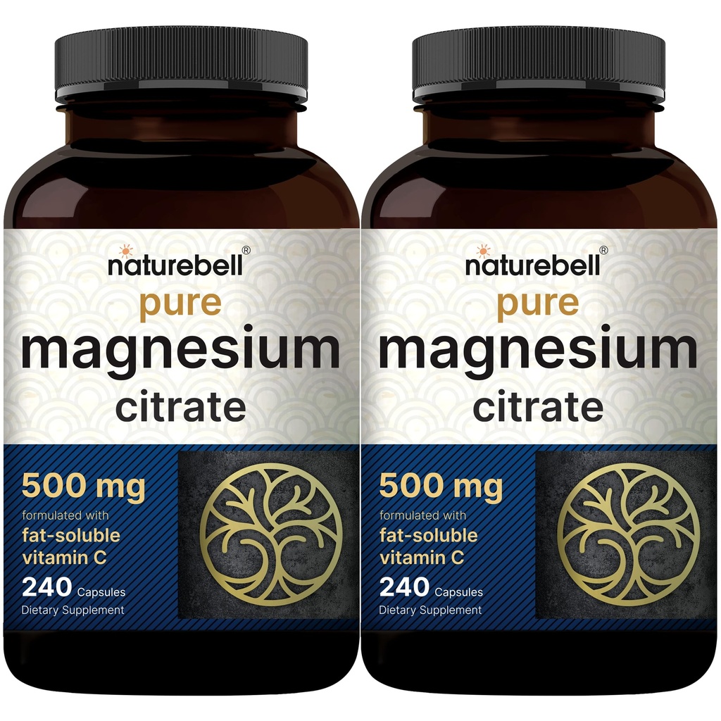 NatureBell 2 Pack Magnesium Citrate 500 mg, 480 Kapsler 124; 2- in-1 med Fat Opløselige C-vitamin 124; Pure Elemental Form • 124; Filler Free, Non- GMO, No Gluten