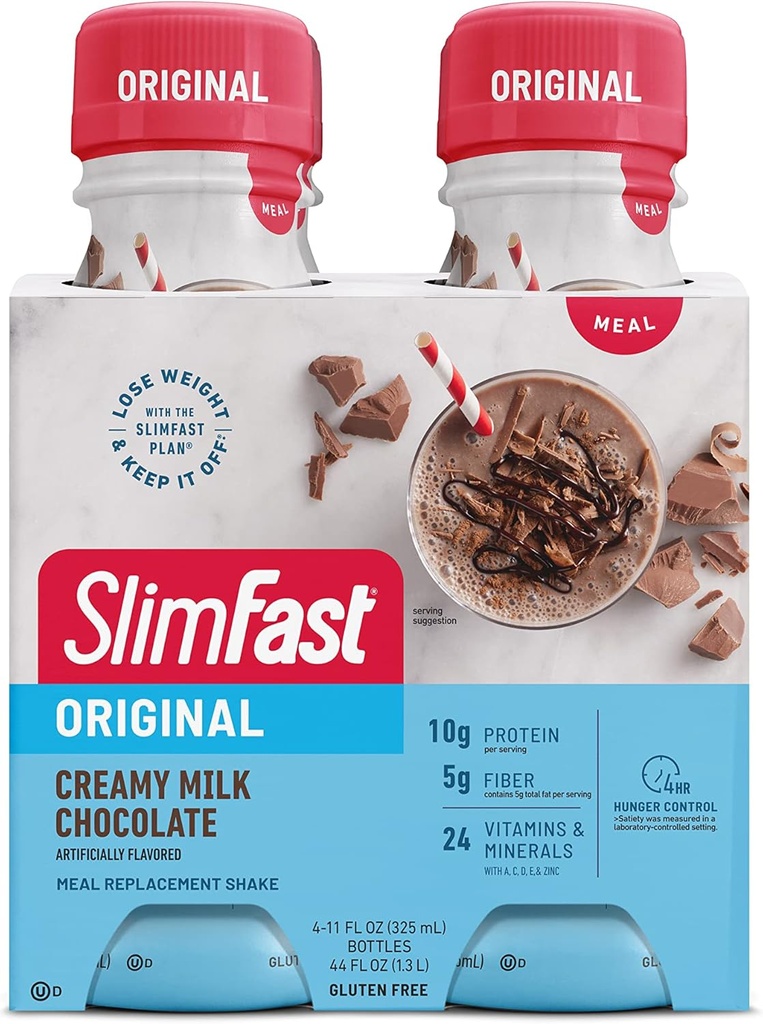 SlimFast Meal Replacement Shake, Original Creamy Milk Chocolate, 10g of Ready to Drink Protein for Weight Loss, 11 Fl. Oz Bottle, 4 Count (Packaging May Vary)
