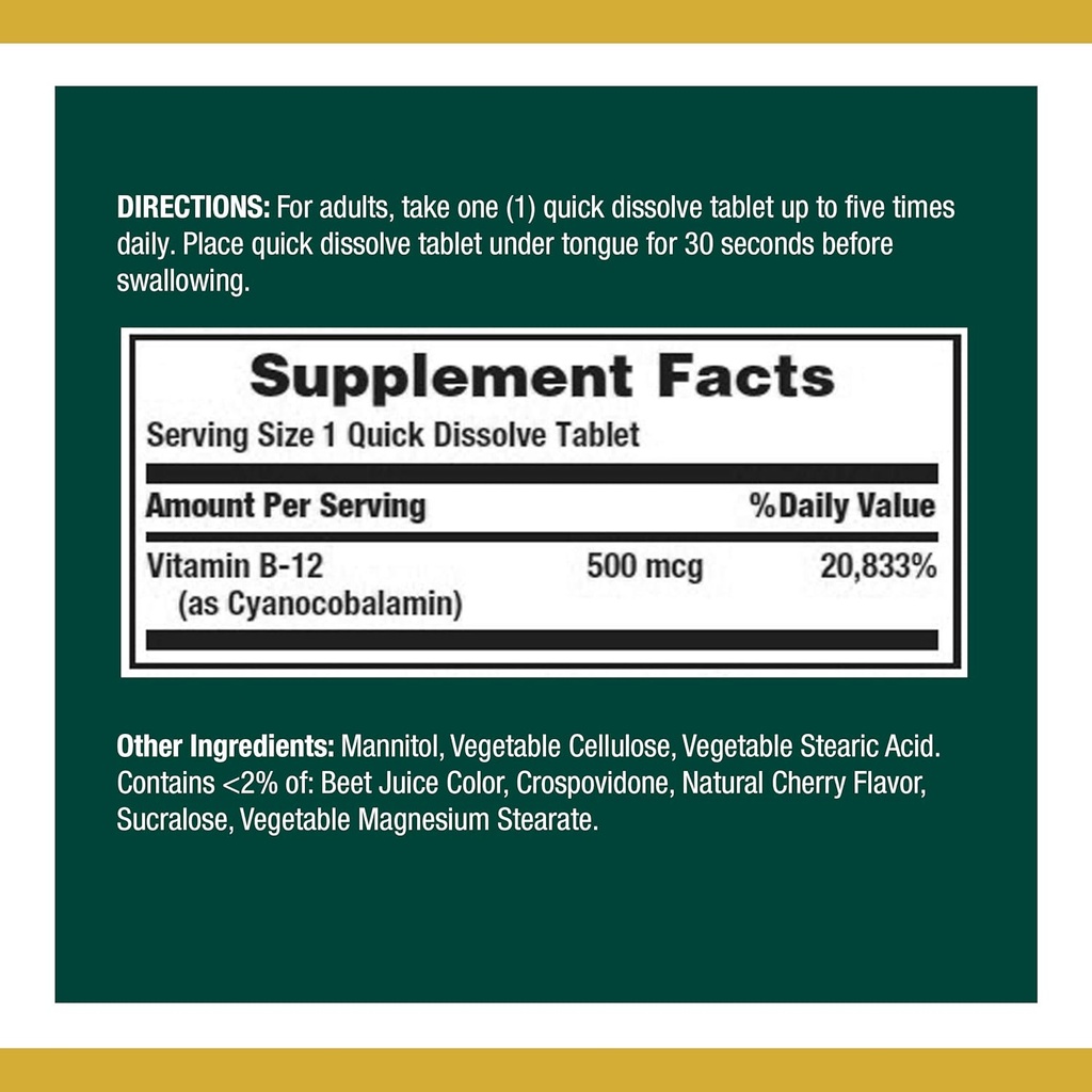 Nature 's Bounty Vitamin B12, understøtter energi Metabolisme og nervesystem sundhed, 500mcg, 100 Quick Opløs tabletter (pakke med 2)