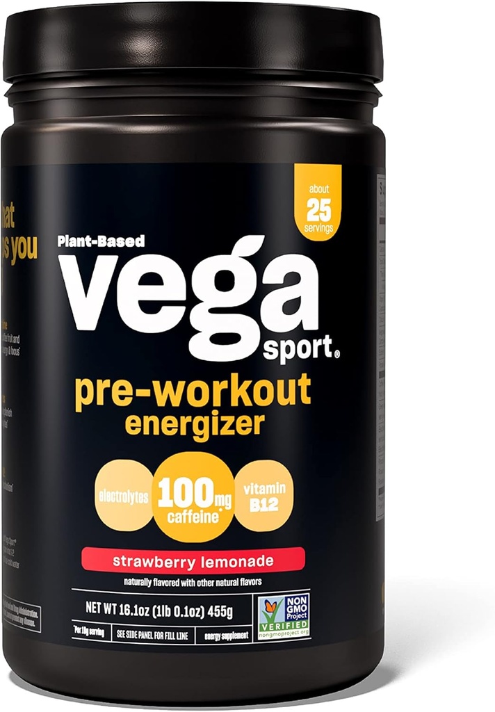 Vega Sport Pre- Workout Energizer, Strawberry Lemonade - Pre Workout Powder for kvinder & mænd, Understøtter energi og fokus, Electrolytes, Vegan, Keto, Gluten Gratis, Ikke GMO, 1.1 lbs