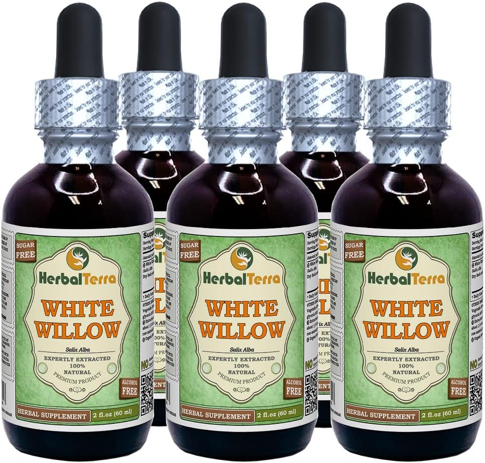Hvid Willow (Salix Alba) Glycerit, Organic Tørret Bark Alkohol- GRATIS Liquid Extract (Brand name: HerbalTerra, Stolt fremstillet i USA) 5x2 fl.oz (5x60 ml)
