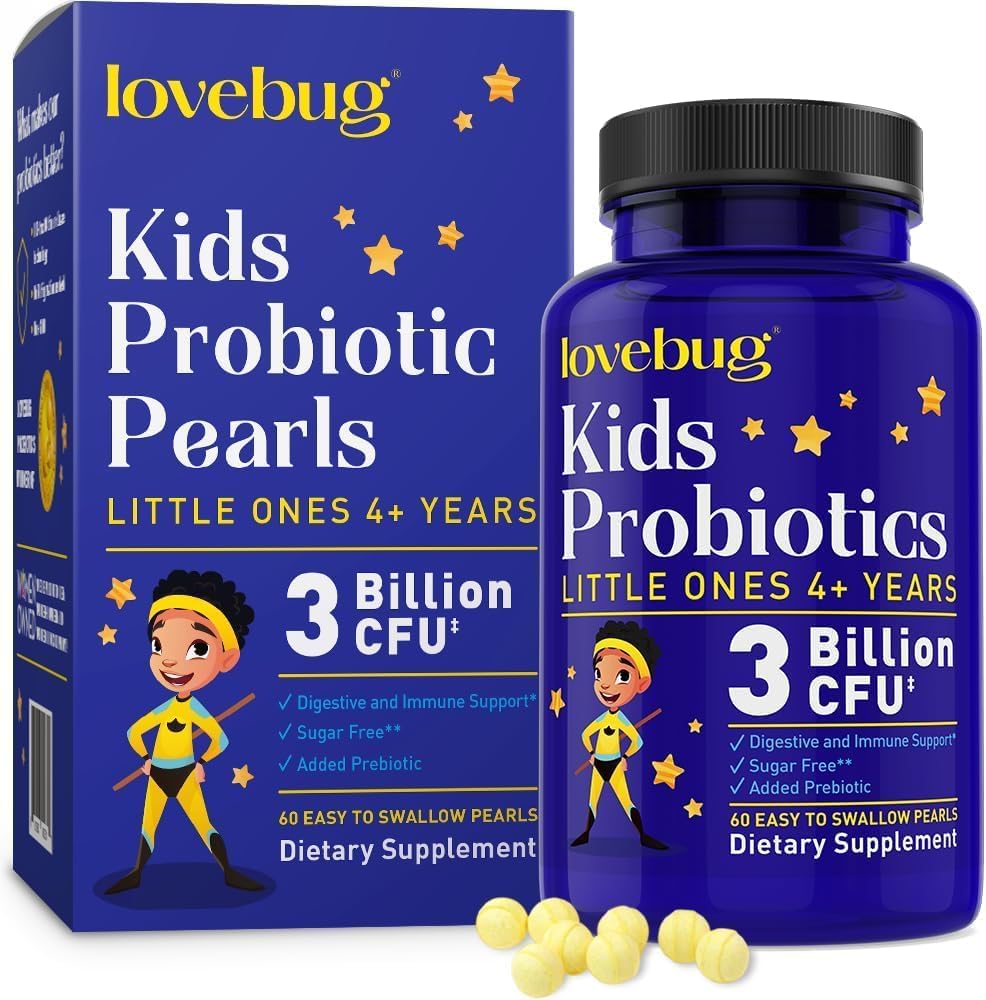 LOVEBUG Probiotika til børn - Kids Probiotiske Chewables med Prebiotika til ældre 4 +, Daglig Børns Gut Sundhed, Forstoppelse, fordøjelse & immunforsvar Support, Sugar- Free, 60 Soft Pearls