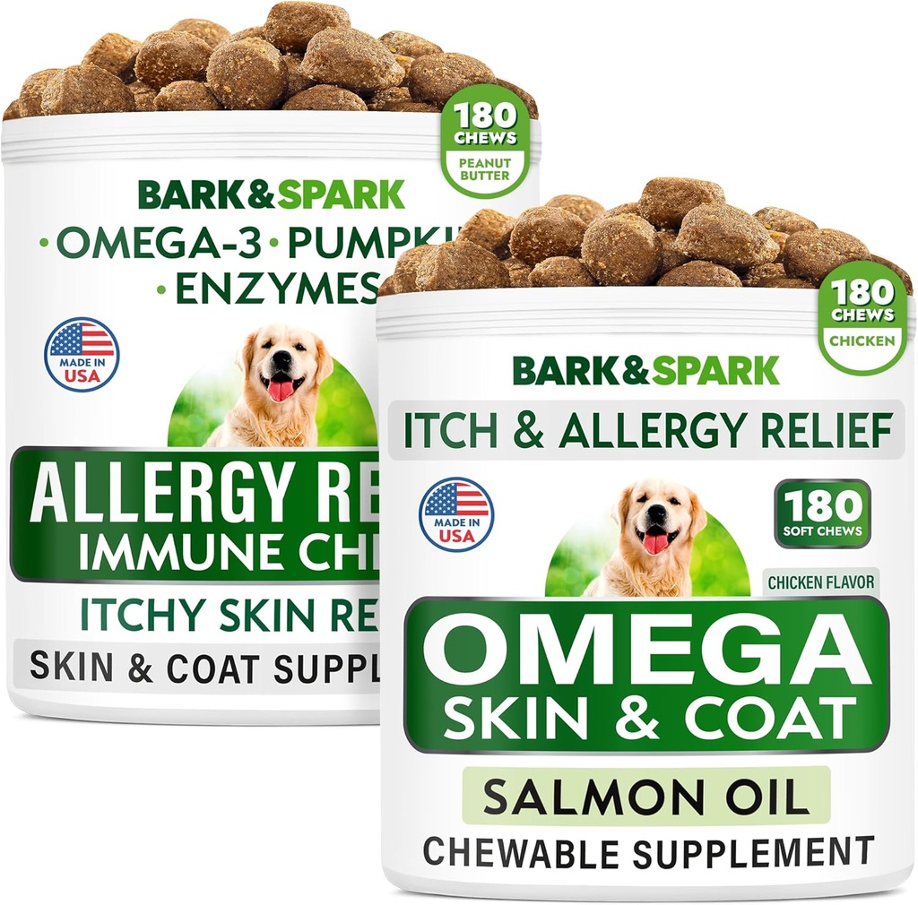 Allergi Relief + Omega 3 for hunde Bundle - Anti- Itch Hud & Coat + Hud Allergi - Omega 3 Fish Oil + EPA & DHA Fedtsyre - Kløe & Paw Licking + Fælles Sundhed - 360 Tyg - Made in USA
