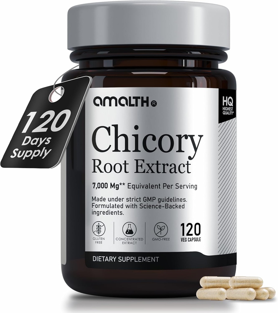 AMALTH Chicory Root Fiber Capsules 500mg - Chicory Root Powder for Gut Cleanse & Digestive Support - Vegan, Non-GMO Inulin Prebiotic Fiber Supplement, 120 Caps