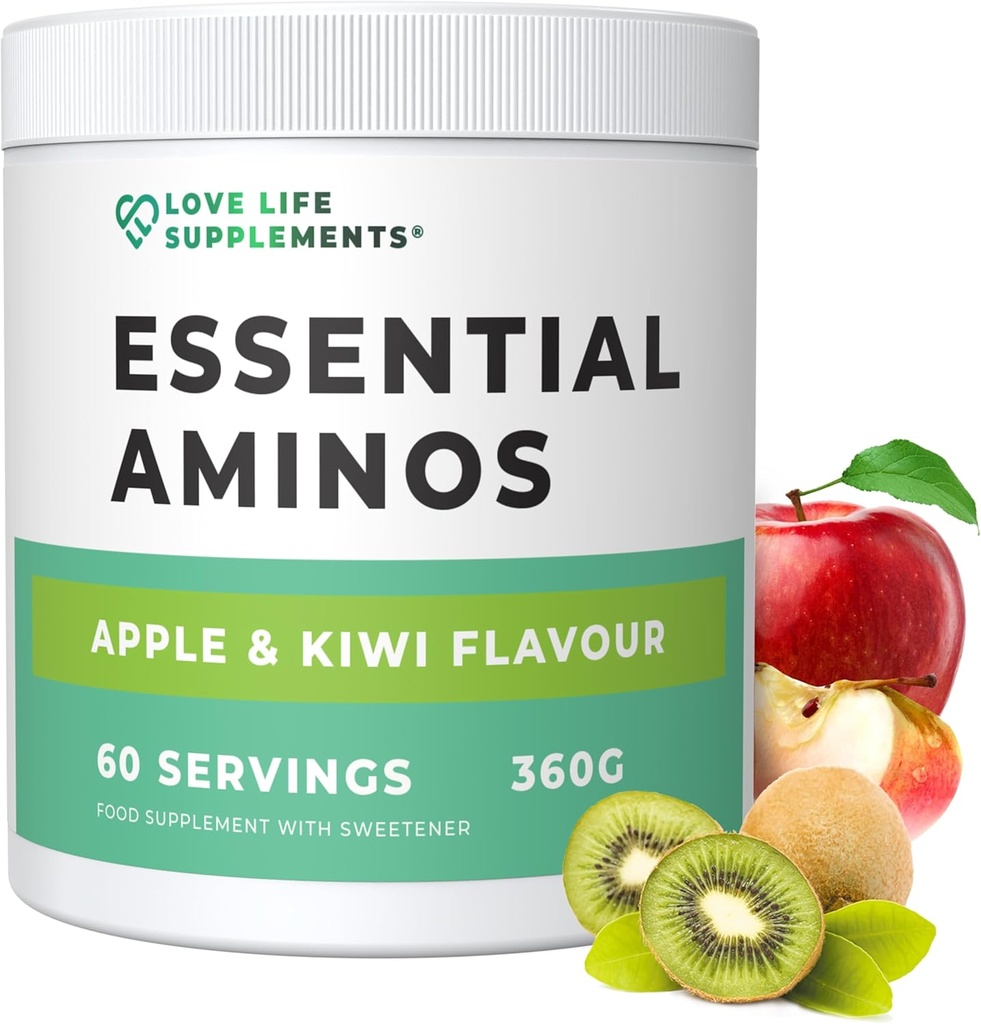 Love Life Supplements EAA Aminosyrer Pulver, Alle 9 essentielle aminosyrer herunder BCAA 's og 2 Bedste Leucin per Servering, Apple & Kiwi Flavour, 348g - 60 Servering (5g af EAA' s per Servering)