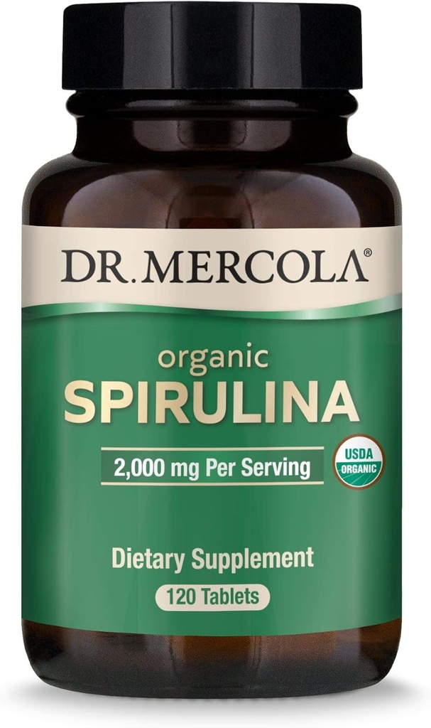 Dr. Mercola Organic Spirulina - 2000 mg - USDA Organic - Understøtter normal afgiftning og immunforsvar - Hele fødevarer Superfood - Non- GMO, Gluten- Free & Soy- Free - 120 tabletter