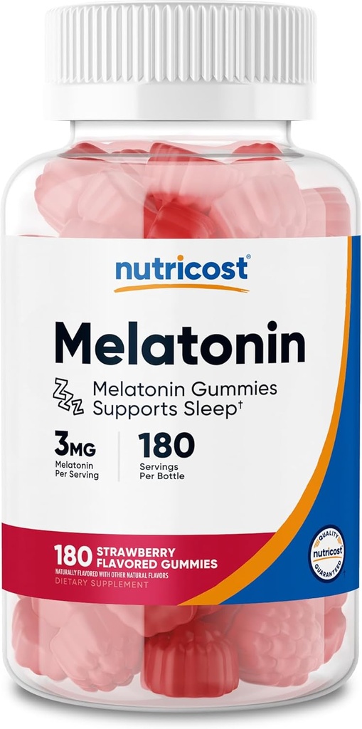 Nutricost Melatonin 3mg, 180 Gummies, Strawberry Flavored - Gluten Free, Non-GMO, No Corn Syrup