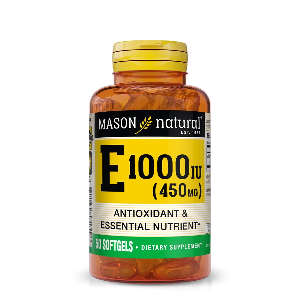 MASON NATURAL Vitamin E 450 mg (1000 IE) - Antioxidant og essentiel ernæring, sundt immunsystem, hud og øjne, helkropstillæg, 50 Softgels