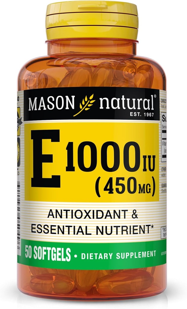MASON NATURAL Vitamin E 450 mg (1000 IE) - Antioxidant og essentiel ernæring, sundt immunsystem, hud og øjne, helkropstillæg, 50 Softgels