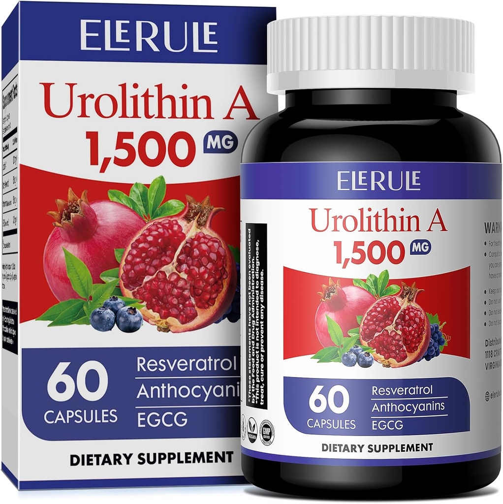 Urolithin A Supplement 1000 mg Plus Trans- Resveratrol, Antocyaniner, Grøn te, Fremme sund aldring, Understøtter cellular og energi til mænd og kvinder, 60 Capsules- 71