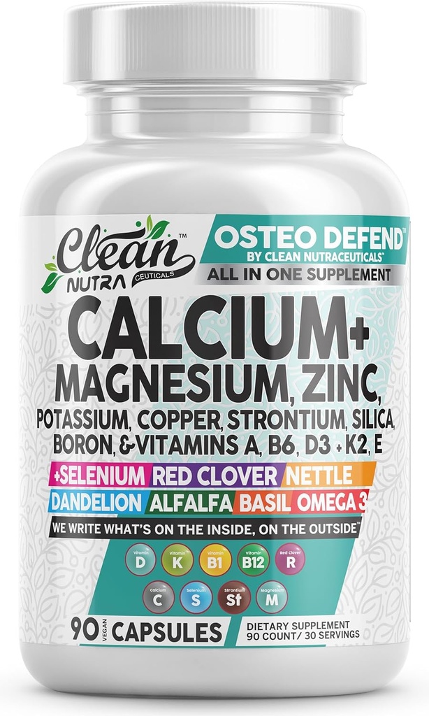Allin1 Calcium Magnesium Zink tillæg med kalium, kobber, strontium, silica, vitamin D3 K2, bor, vitamin B1 B12 Red Clover Herb Alfalfa Basilikum piller til mænd og kvinder Clean Nutra Osteo Defend