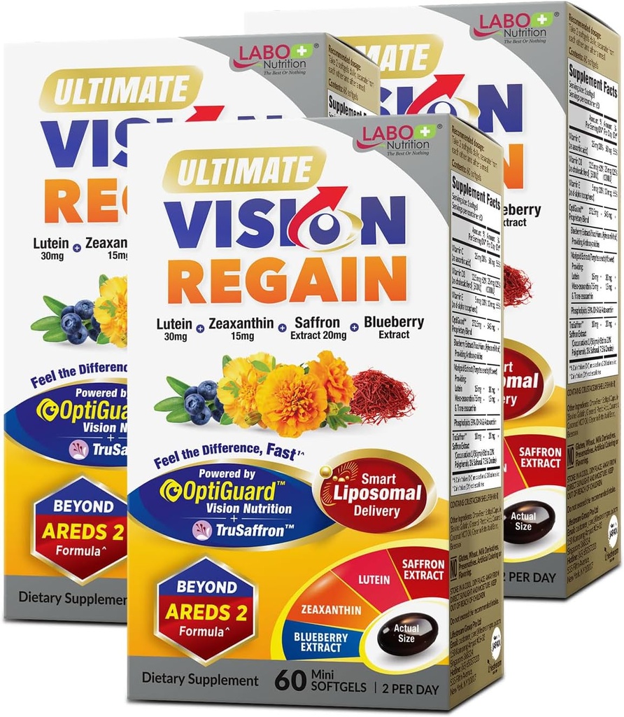 Labo Nutrition Ultimate VisionREGANY, Eye Vitamin Beyond AREDS 2 Formel med Lutein, Zeaxanthin, Saffron Extract, Blåbær til makulær & retinal sundhed, Eye Træthed, Night Vision Support 60 Countsx3
