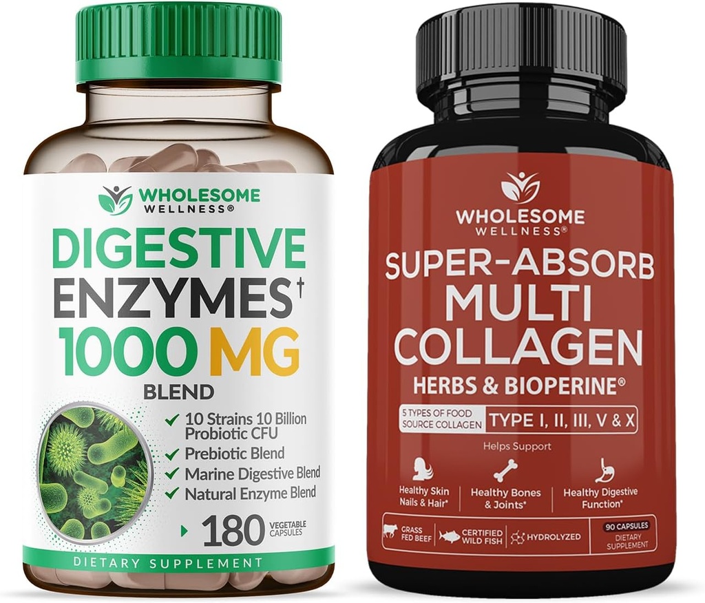 Grossisme Wellness fordøjelsesenzymer 1000MG Plus Prebiotika & Probiotika Supplement + Super- Absorb Multi Collagen piller (type I II III V X) Økologiske urter og bioperine bundle