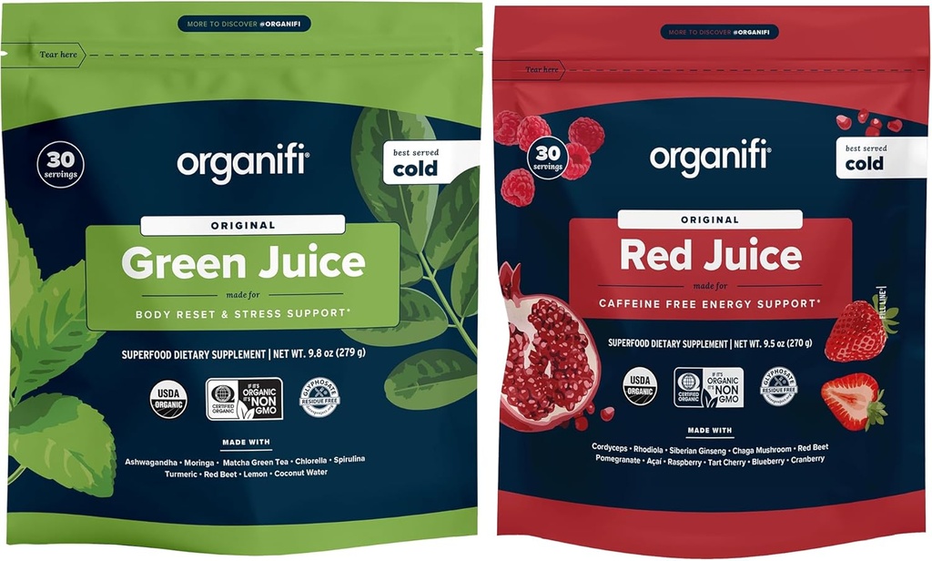 Organifi Grøn Juice og Rød Juice Bundle - 30 dages levering - Lækker, Forfriskende Økologisk superfood supplement pulver med antioxidanter til energi og stress Relief Support - Ingen GMO, Gluten, eller Soy