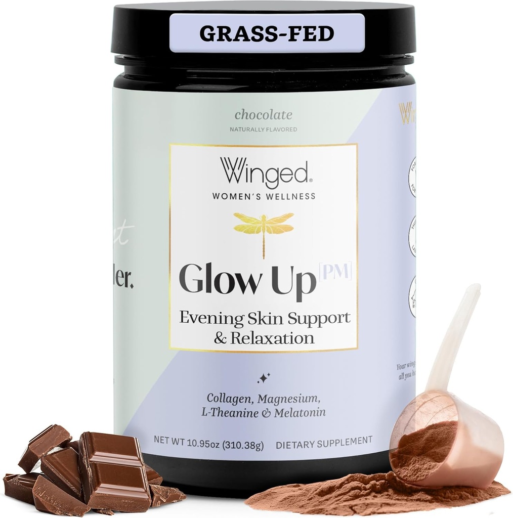 Vinged Wellness Glow Up PM Collagen Peptid Powder ttesmå 124; Evening Skin og Afslapning for glødende Hud og sødme. Græs Fed Collagen w / Magnesium, L-Theanine og Melatonin I Chokolade, 21 Servere