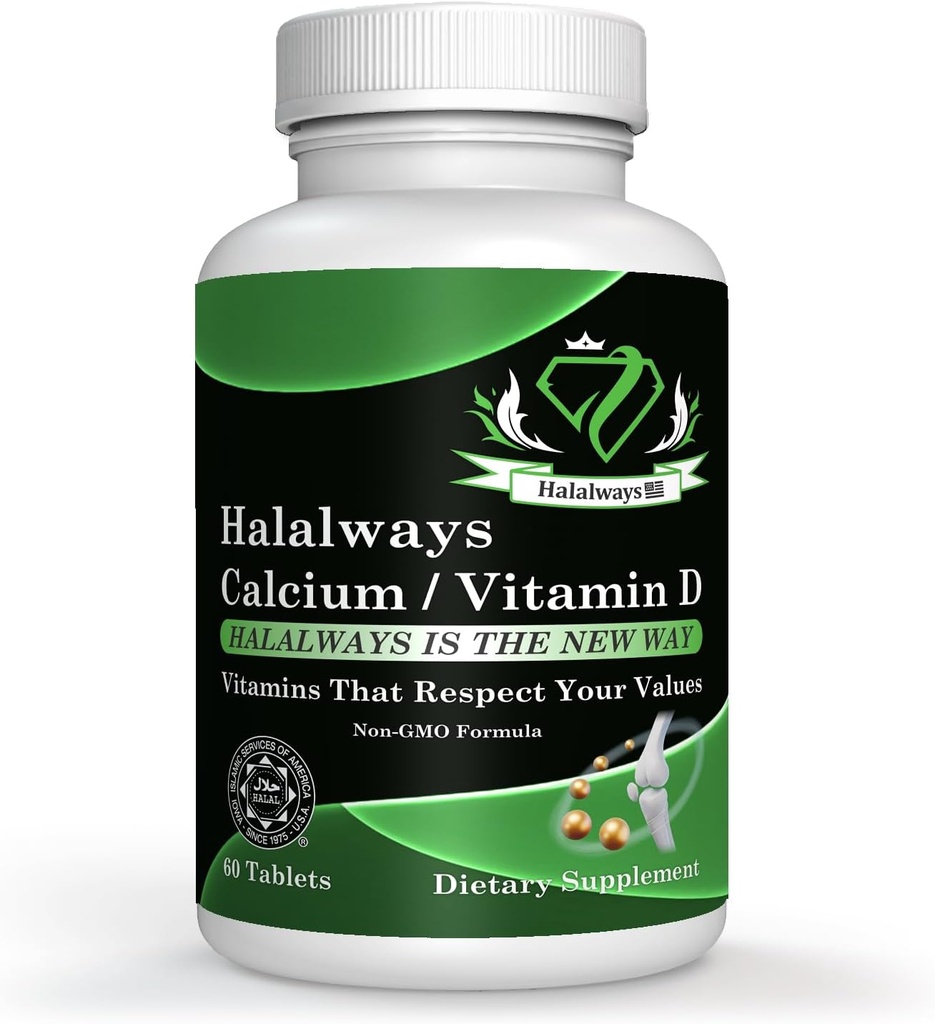 Halaltid Calcium / vitamin D Certificeret Halal supplement Bone Health Support, med Calcium & vitamin D, Kosttilskud, Vitamin Kosttilskud, for mænd og kvinder, (650mg Calcium, vitamin D 10mcg)