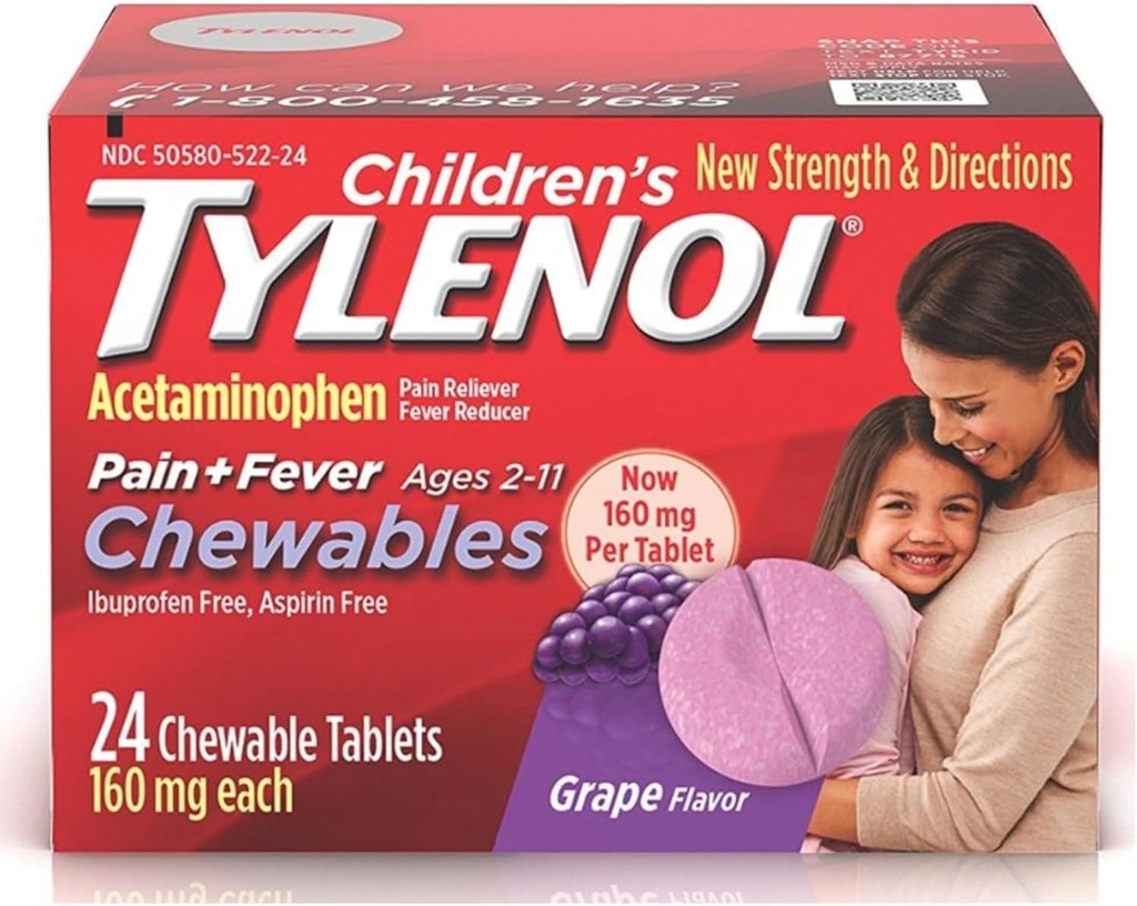 Tylenol Children 's Pain + Fever Chewables Tablets 160 mg, Grape Flavor 24 ea (3 Pack)